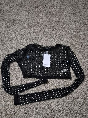 AKIRA Black Rhinestone Mesh Long Sleeve Crop Top